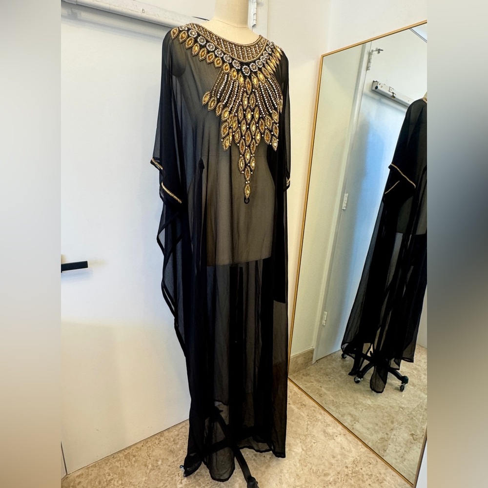 Black Sheer Embellished Caftan Maxi Dress – Gold Beaded Statement Kaftan